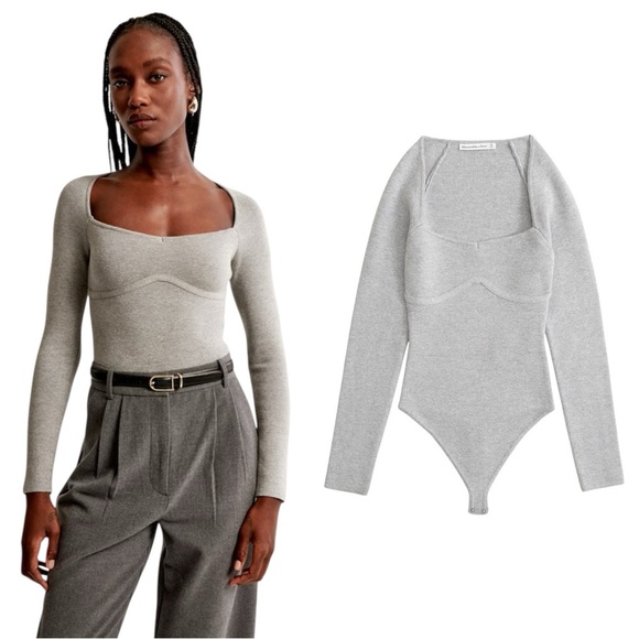 Abercrombie and Fitch Light Gray Stretchy Sweater Long Sleeve Bodysuit 0035 - Picture 1 of 11